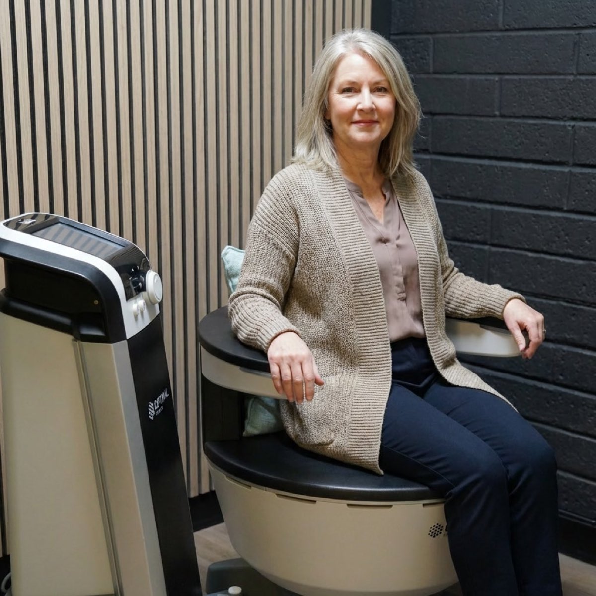 A client seated on the HIFEM chair, fully clothed, part-way through a session