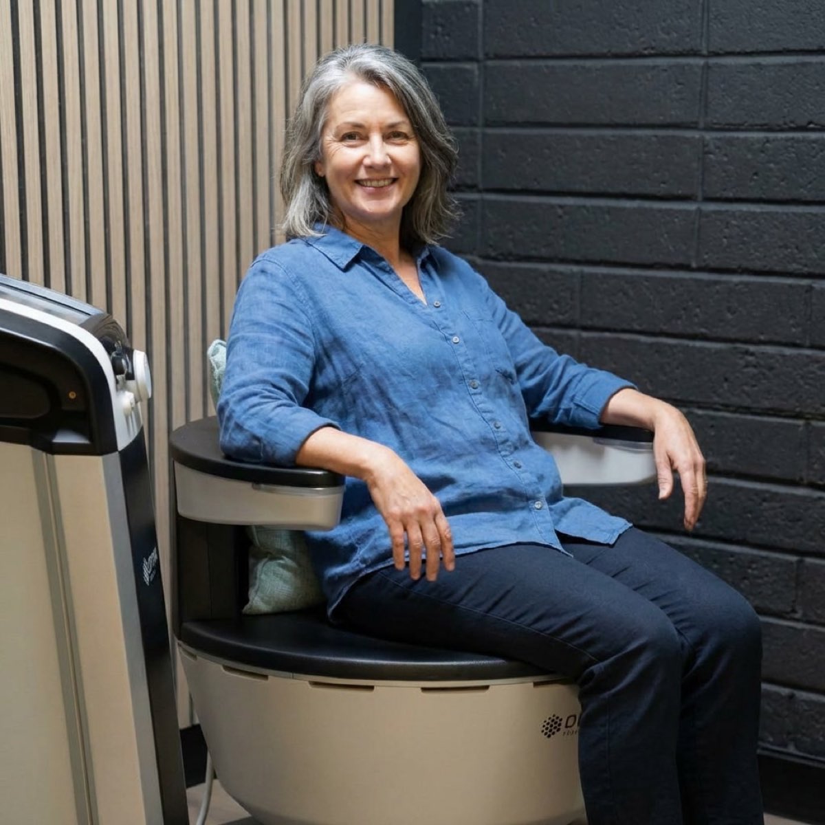 A client seated on the HIFEM chair in her own clothes